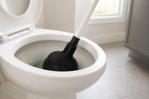 How to unclog a toilet: a homeowner using a black flange plunger in a toilet bowl