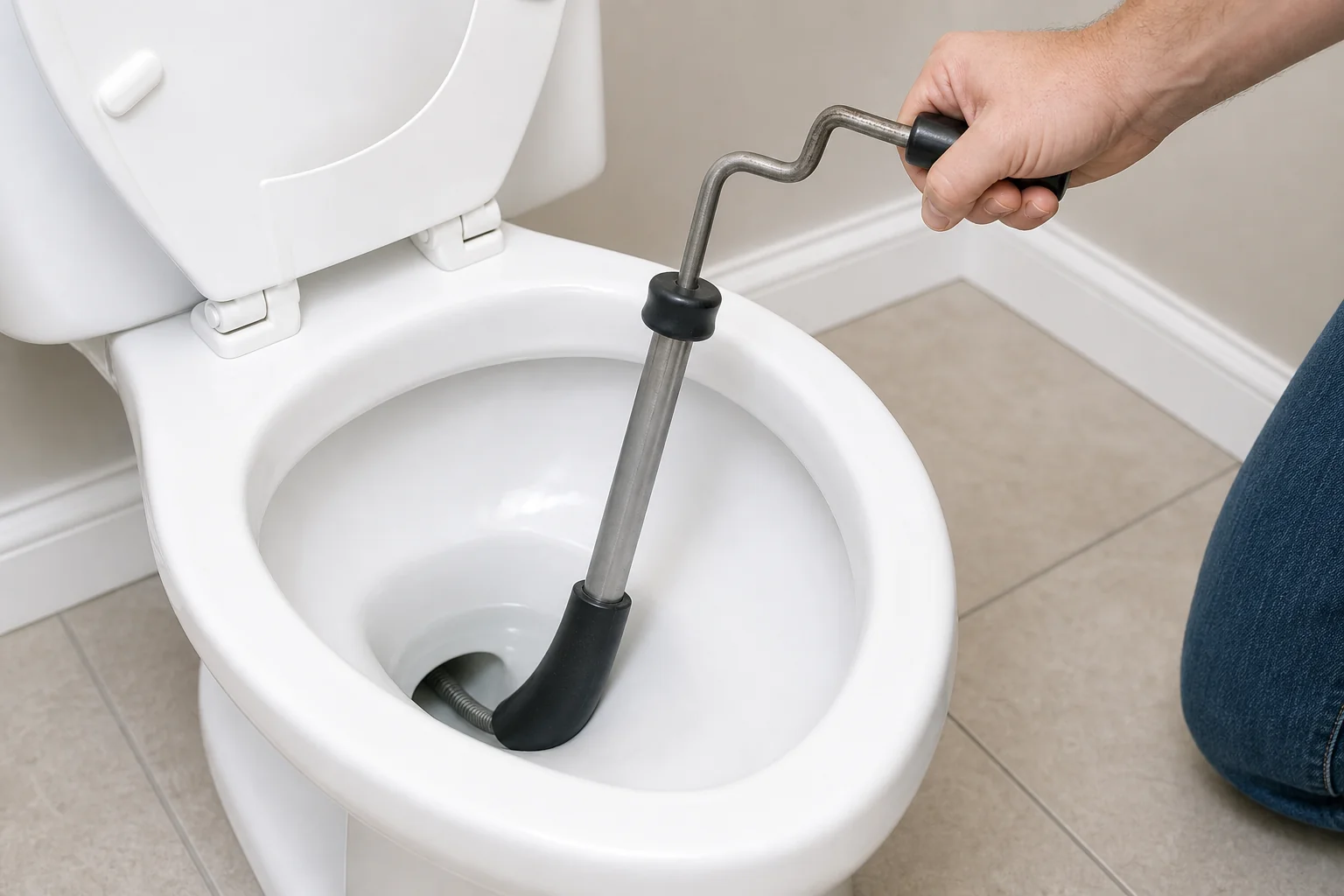 A rubber-sleeved closet auger being cranked into a toilet drain, the sleeve protecting the porcelain
