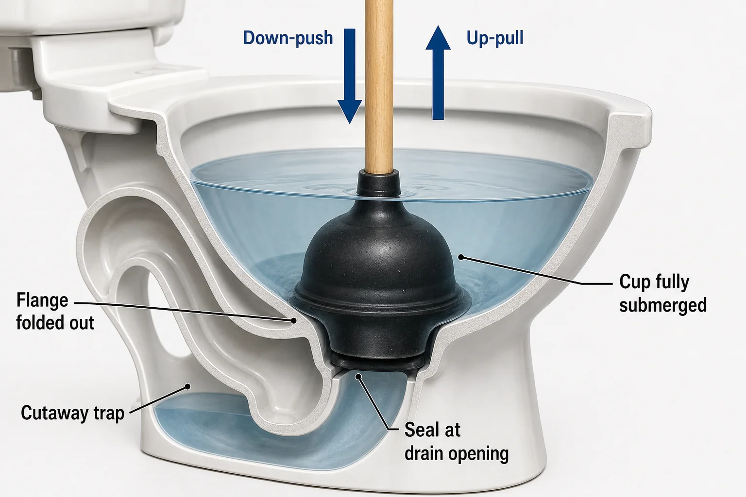 Diagram of correct flange-plunger technique: flange seated in the drain opening, cup submerged, with down-push and up-pull arrows