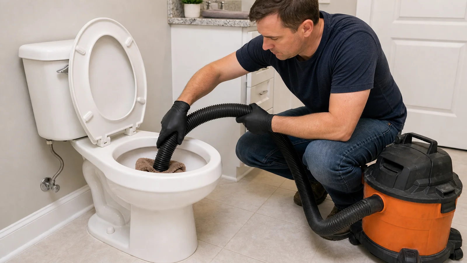 Using a wet/dry shop vacuum with a towel-wrapped hose sealed into the toilet drain to pull out a clog