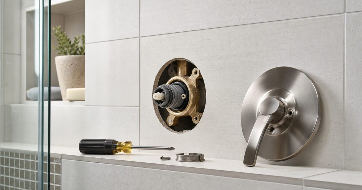 Shower repair guide hero: a homeowner removing a single-handle shower trim plate to reach the cartridge
