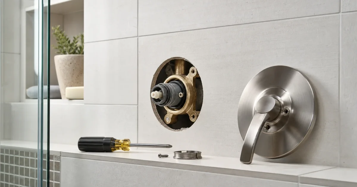 Shower repair guide hero: a homeowner removing a single-handle shower trim plate to reach the cartridge