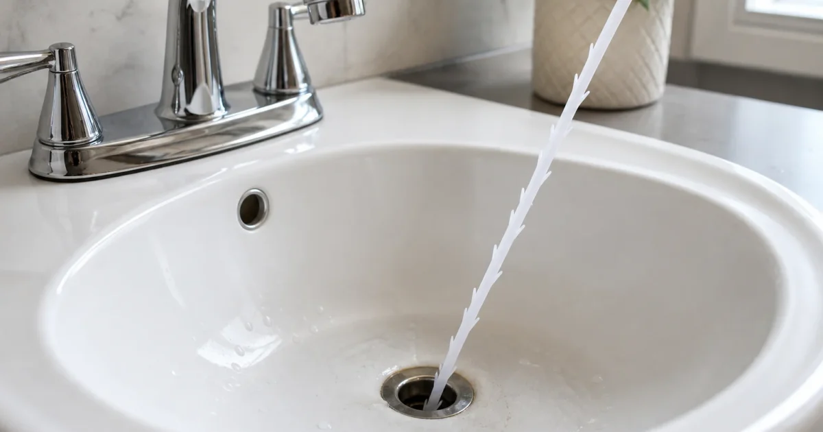 Why are my drains slow: a homeowner using a plastic barbed drain tool to clear a bathroom sink
