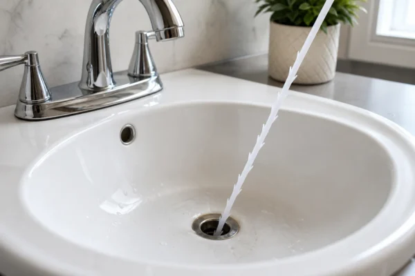 Why are my drains slow: a homeowner using a plastic barbed drain tool to clear a bathroom sink