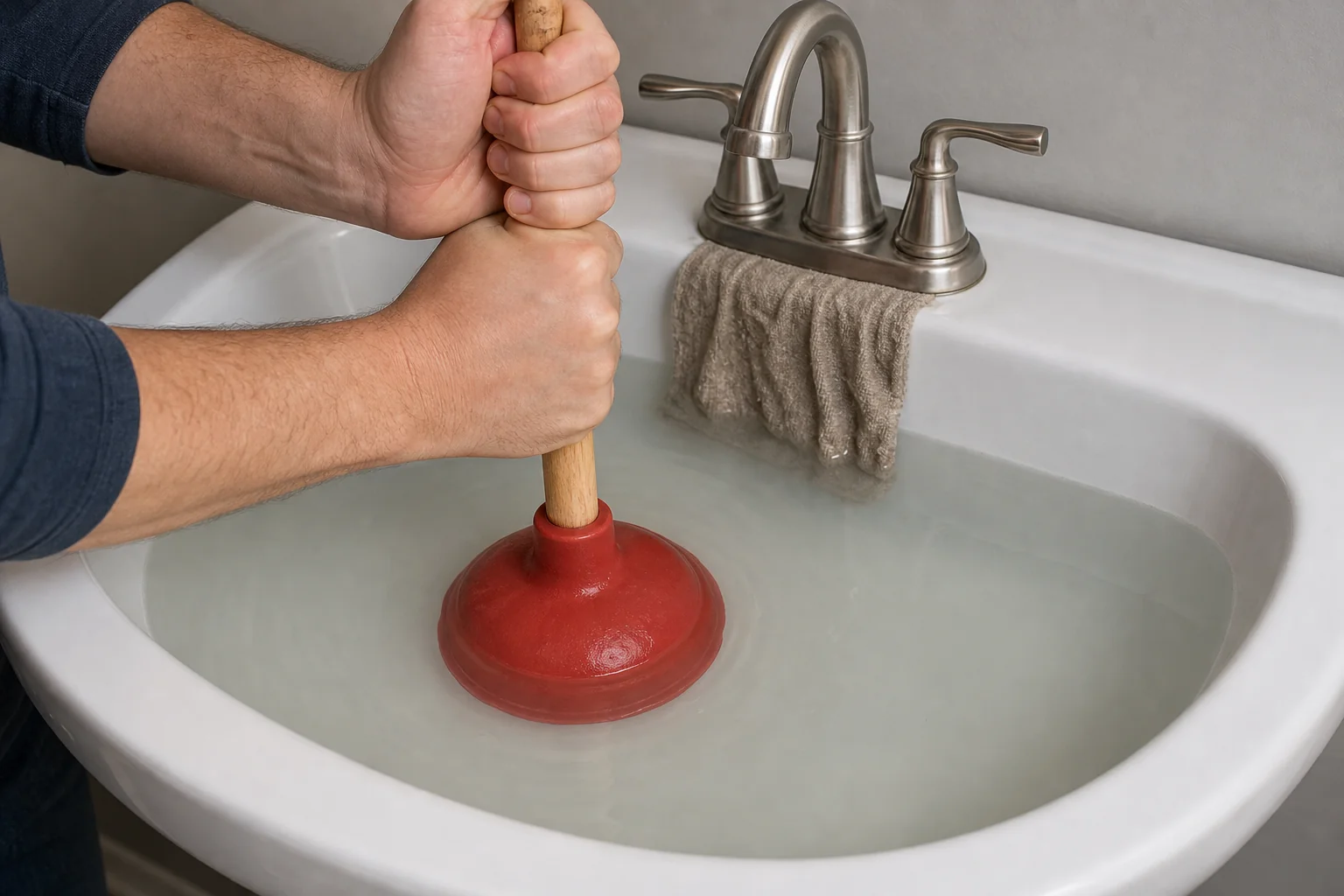 Proper cup plunger technique on a bathroom sink drain with the overflow opening covered