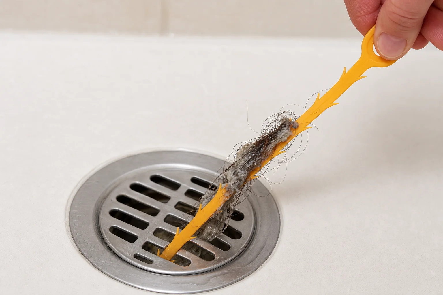 A plastic barbed hair-removal tool clearing a shower drain of hair and soap buildup