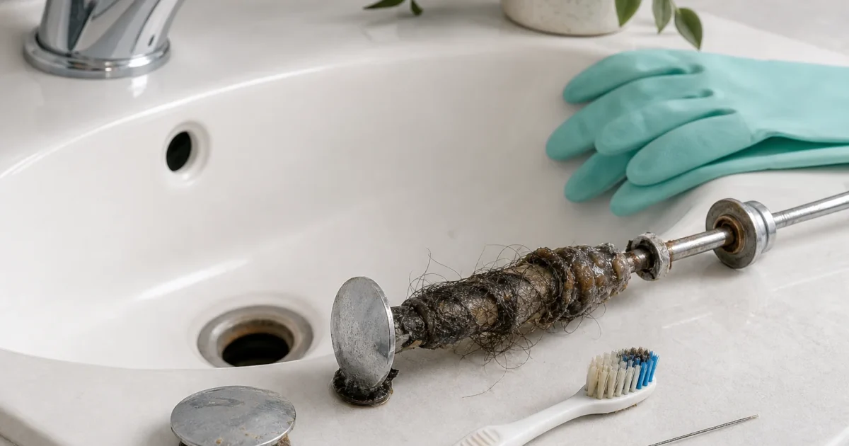 Why does my drain smell like sewage: a homeowner cleaning a bathroom sink pop-up stopper to remove hair and biofilm buildup