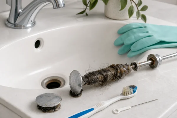 Why does my drain smell like sewage: a homeowner cleaning a bathroom sink pop-up stopper to remove hair and biofilm buildup