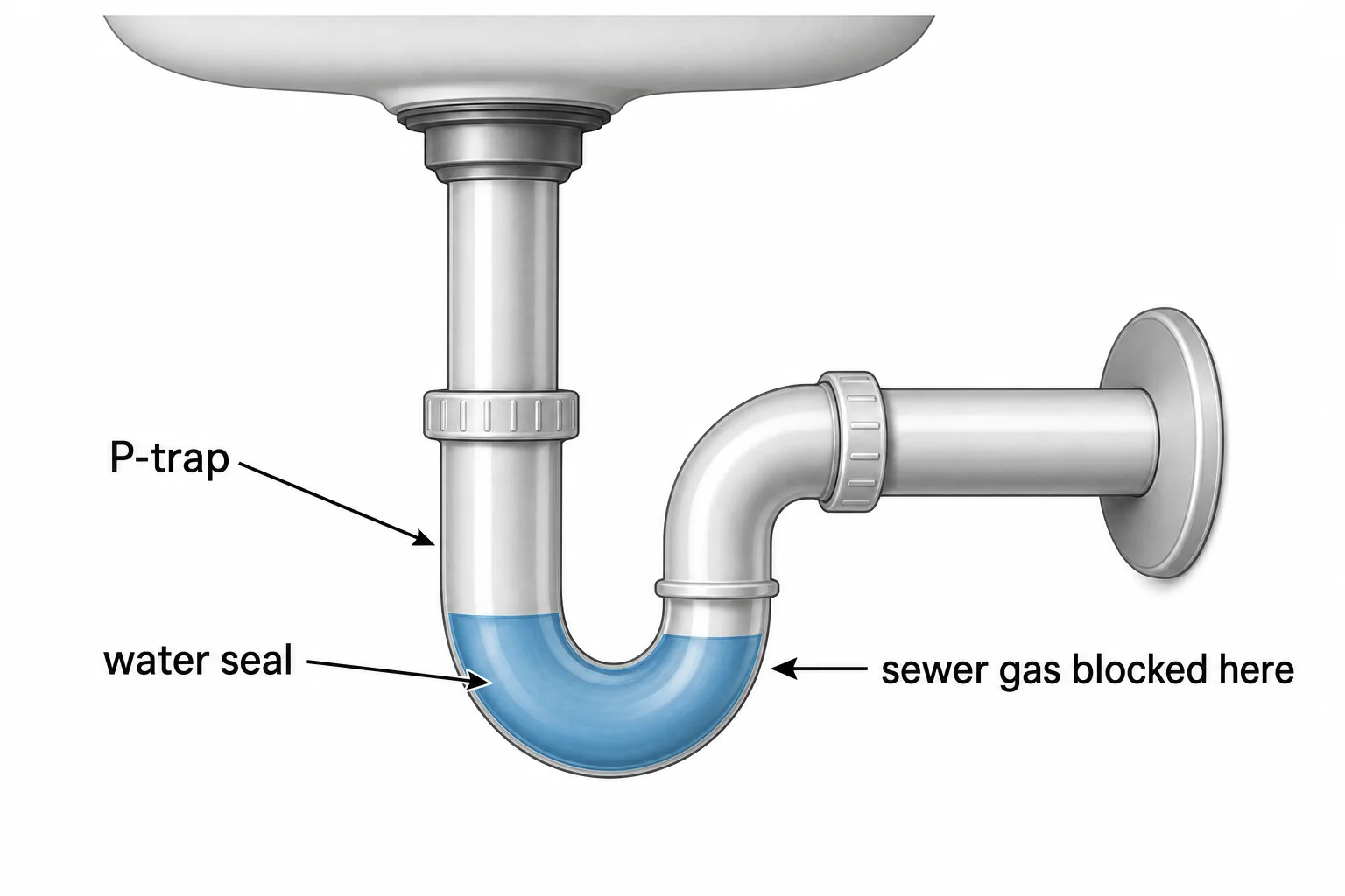 Diagram: the P-trap water seal blocks sewer gas from rising through the drain into the room