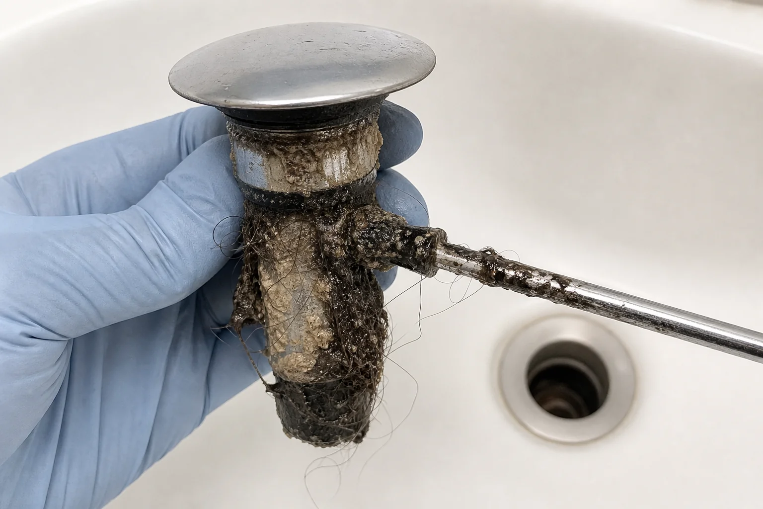 A pop-up stopper with visible hair and biofilm buildup — the most common cause of bathroom sink drain odor