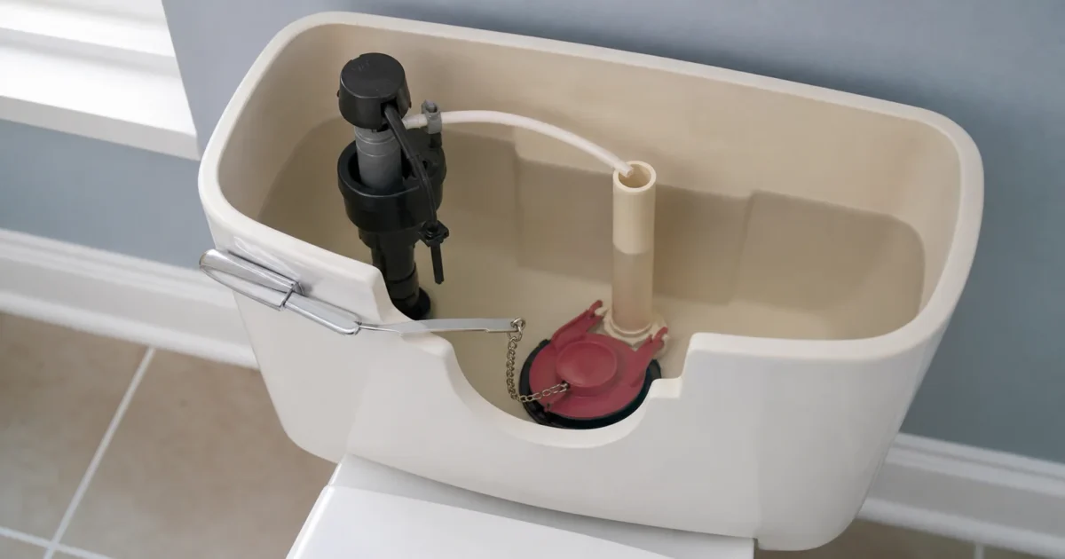 An open toilet tank showing the flapper, flush valve, and fill valve — what size flapper do I need