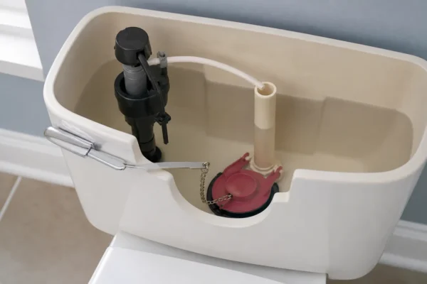An open toilet tank showing the flapper, flush valve, and fill valve — what size flapper do I need