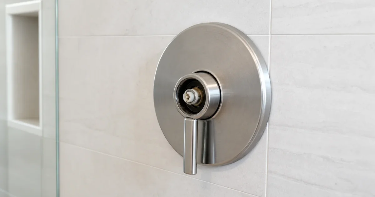 Homeowner inspecting the escutcheon plate of a shower valve to identify the brand and cartridge model
