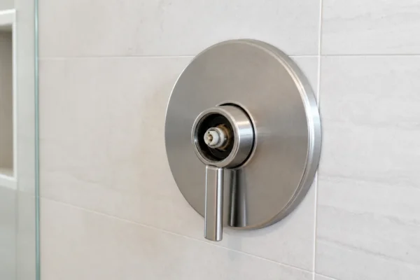 Homeowner inspecting the escutcheon plate of a shower valve to identify the brand and cartridge model
