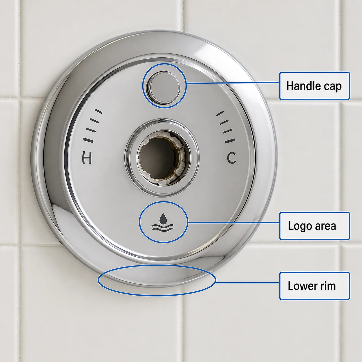 Shower escutcheon showing the three places to look for brand identification marks: handle cap, logo area, and lower rim