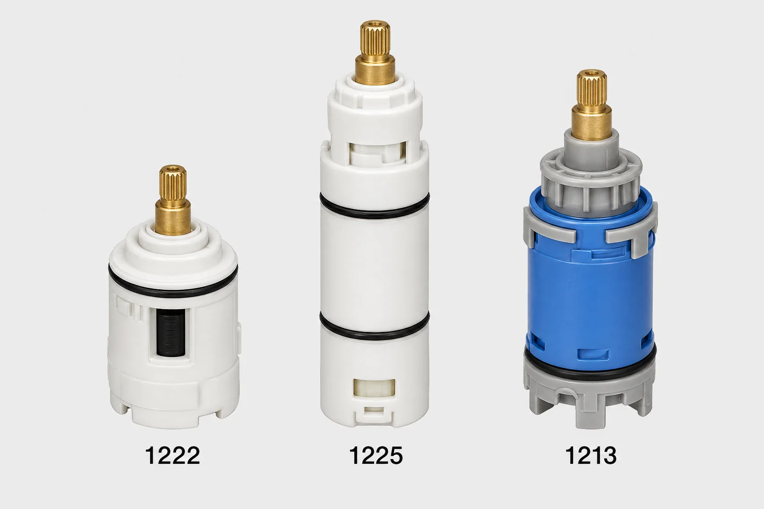 Side-by-side comparison of Moen 1222, 1225, and 1213 shower cartridges showing the visual differences between models