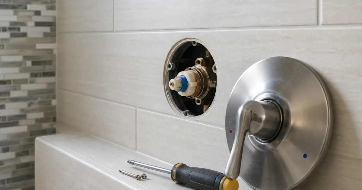 Why is my shower dripping — a homeowner removing a single-handle shower trim plate to reach the valve cartridge