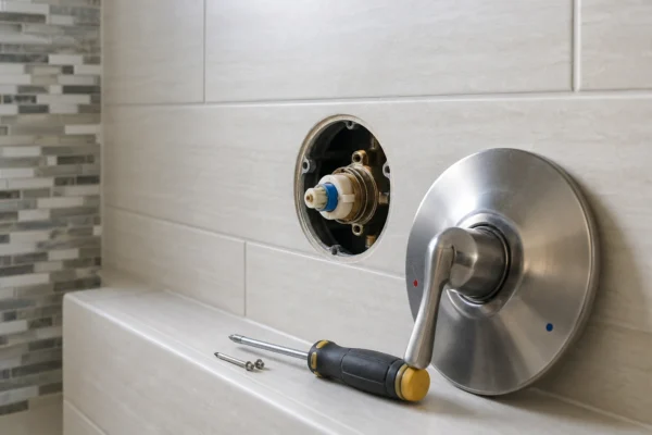 Why is my shower dripping — a homeowner removing a single-handle shower trim plate to reach the valve cartridge