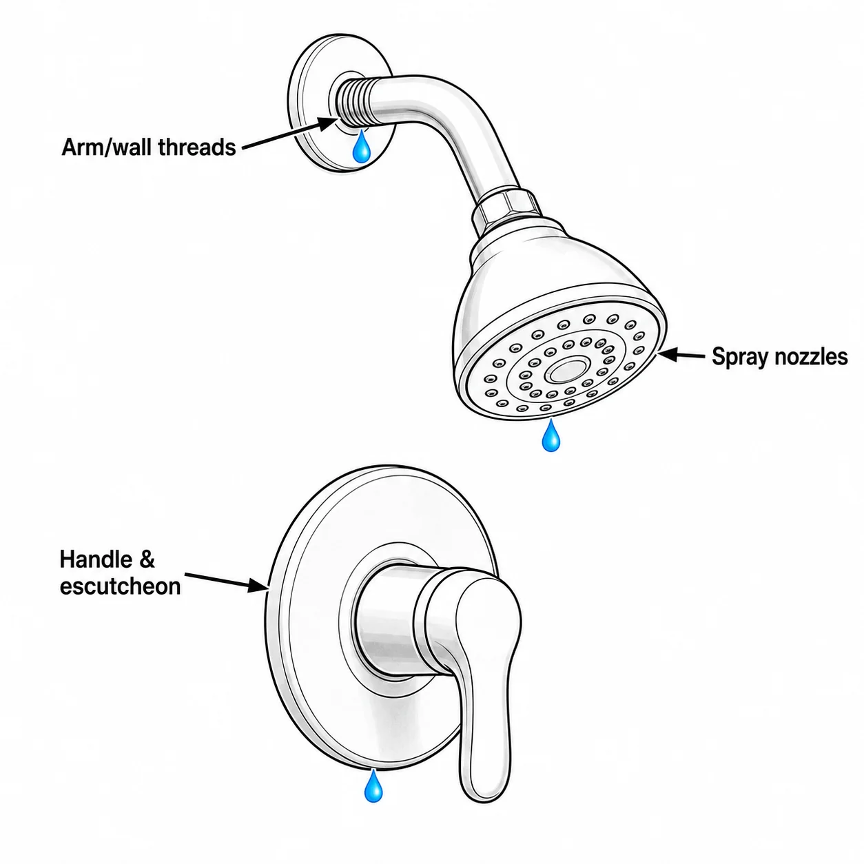 Diagram of a shower showing the three most common drip locations: showerhead connection threads, handle escutcheon, and showerhead nozzles
