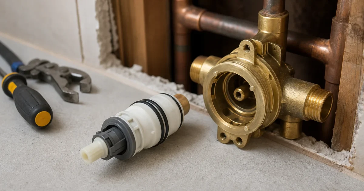 How to replace Moen 1222 Posi-Temp shower cartridge — cartridge shown next to a brass single-handle shower valve body