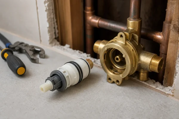 How to replace Moen 1222 Posi-Temp shower cartridge — cartridge shown next to a brass single-handle shower valve body