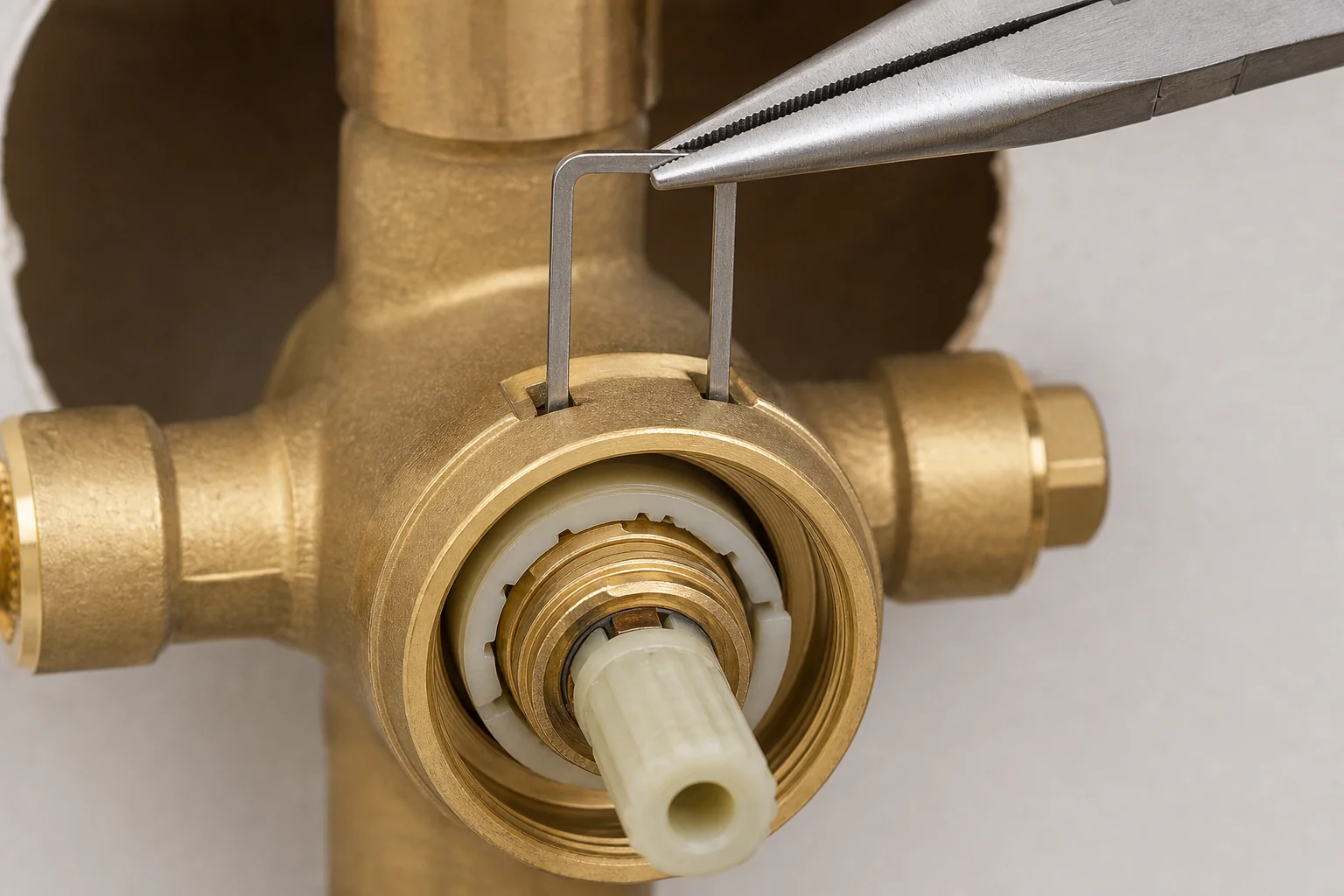 Needle-nose pliers removing the Moen 1222 retainer clip from the top of the valve body