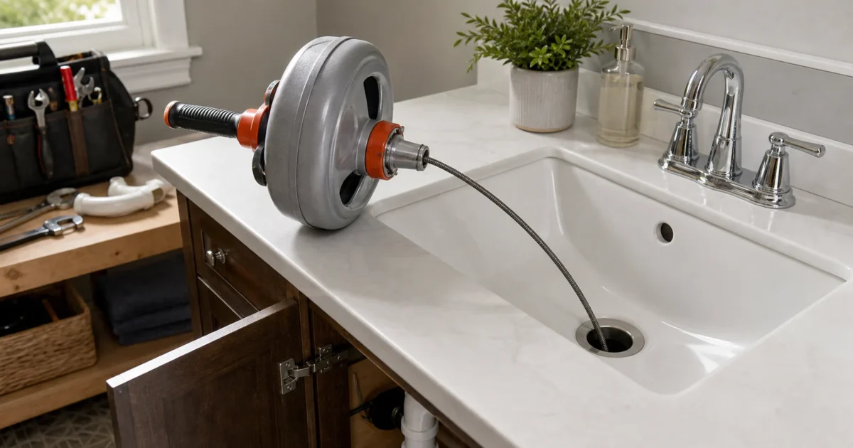 How to use a drain snake: a homeowner feeding the cable of a hand auger into a bathroom sink drain