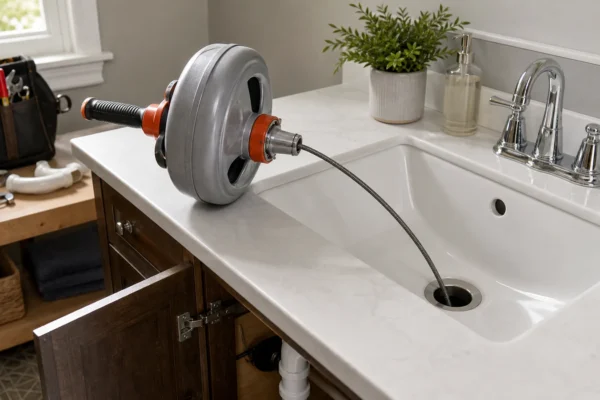 How to use a drain snake: a homeowner feeding the cable of a hand auger into a bathroom sink drain