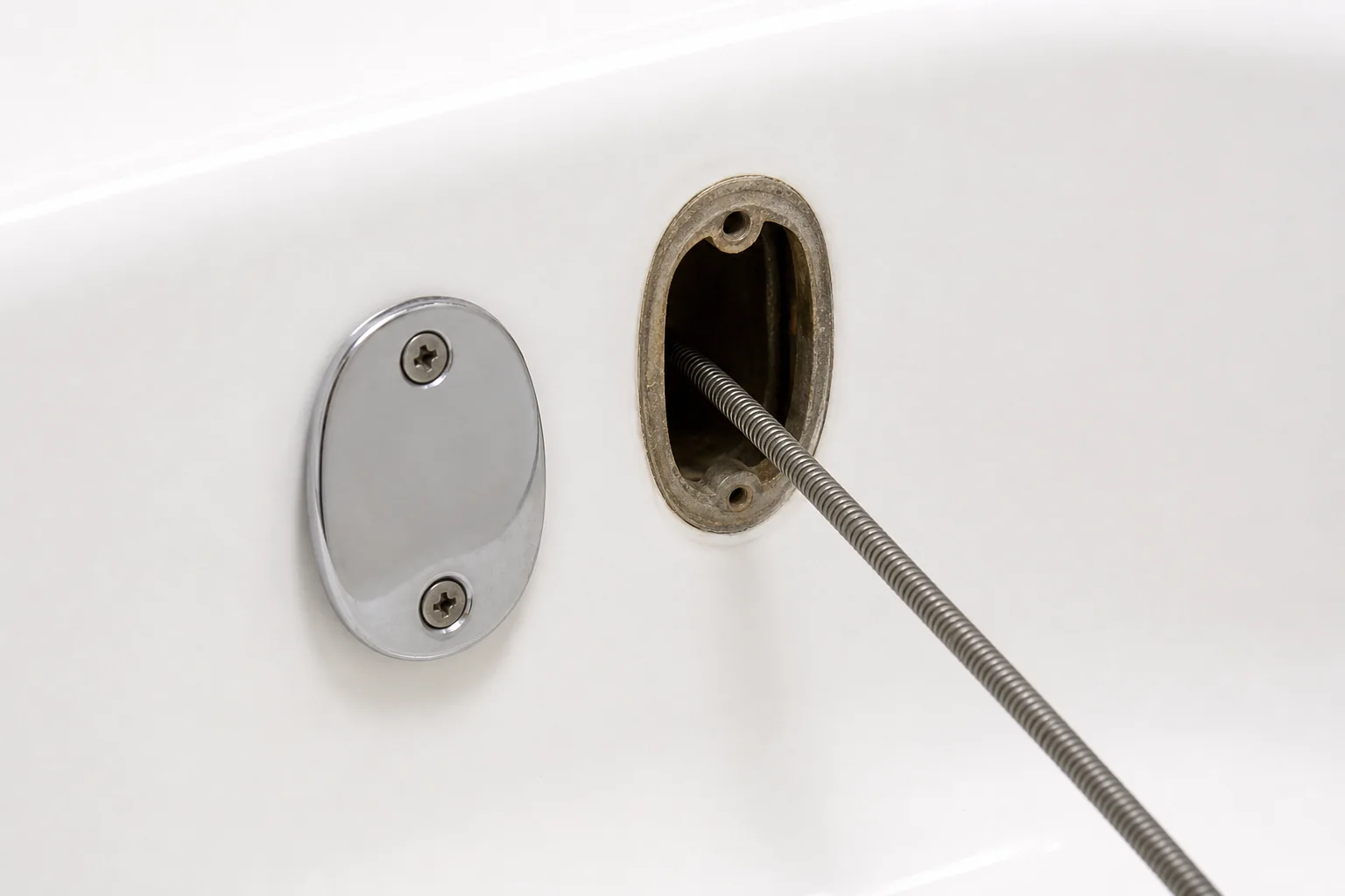 Bathtub overflow plate removed to expose the access opening for drain snake cable entry