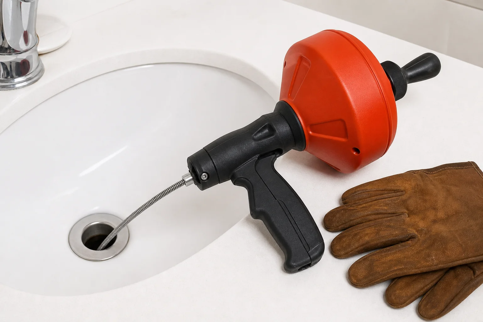A hand auger drum positioned within 4 inches of a bathroom sink drain, cable entering the drain opening