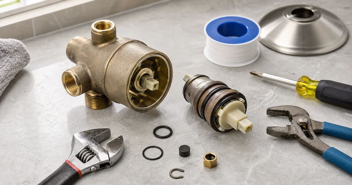 A shower valve and cartridge laid out with tools, illustrating the cost to replace a shower valve