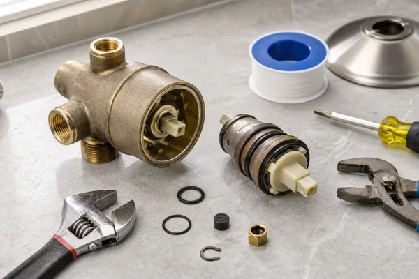 A shower valve and cartridge laid out with tools, illustrating the cost to replace a shower valve