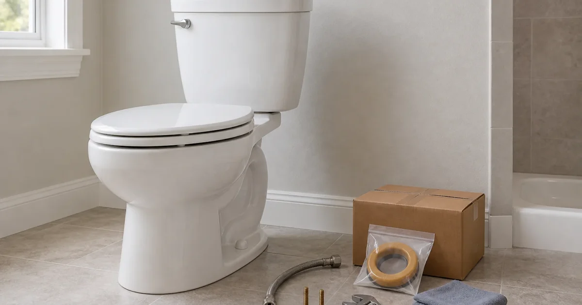 A new toilet next to install supplies, illustrating the cost to replace a toilet