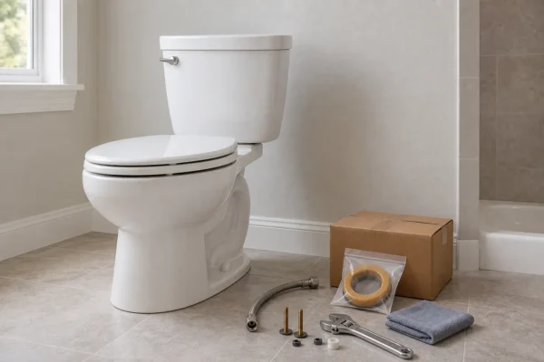 A new toilet next to install supplies, illustrating the cost to replace a toilet