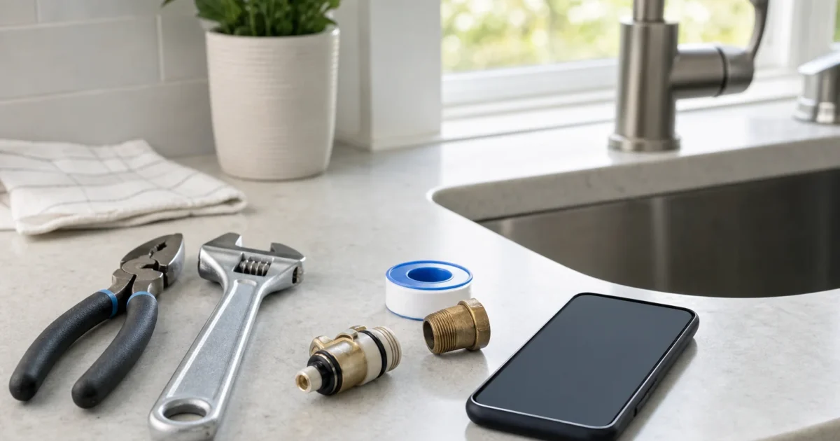A homeowner deciding when to call a plumber versus DIY, with tools and a phone