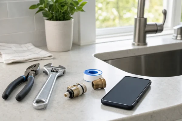 A homeowner deciding when to call a plumber versus DIY, with tools and a phone