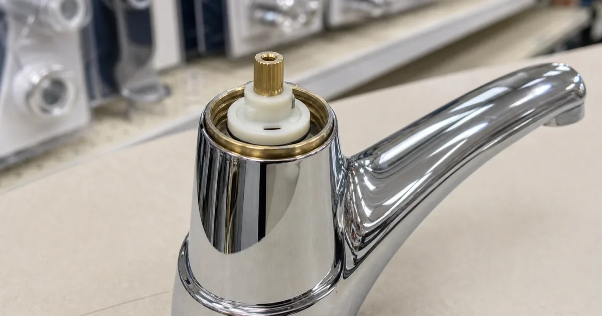 Kohler faucet handle removed for kohler cartridge identification showing the cartridge inside