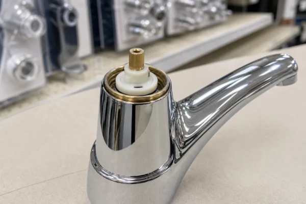 Kohler faucet handle removed for kohler cartridge identification showing the cartridge inside