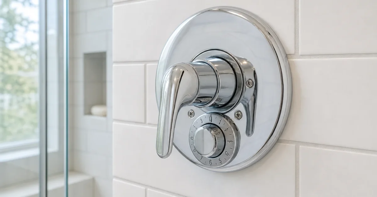 How to identify your Symmons shower valve: homeowner inspecting the round numbered temperature dial that identifies a Temptrol pressure-balancing shower valve