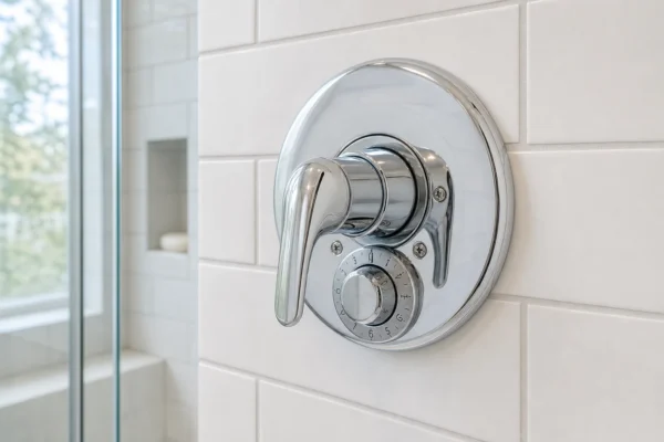 How to identify your Symmons shower valve: homeowner inspecting the round numbered temperature dial that identifies a Temptrol pressure-balancing shower valve