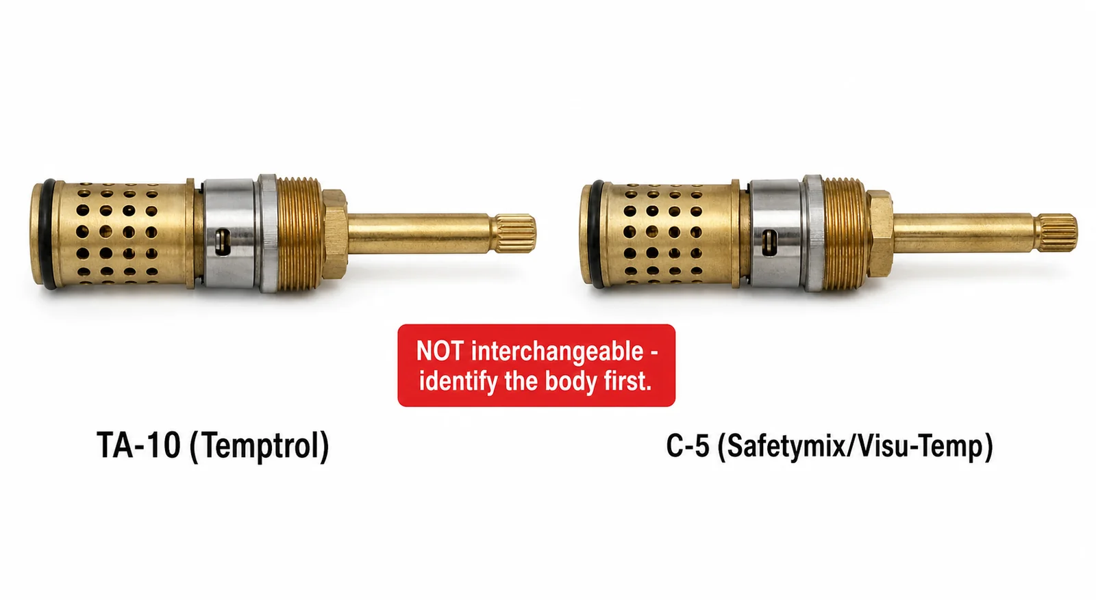 TA-10 Temptrol spindle and C-5 Safetymix spindle side by side — nearly identical in appearance but not interchangeable