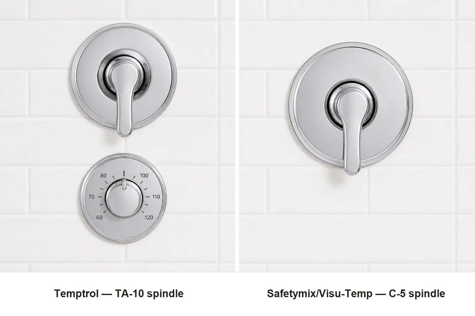 Side-by-side: Symmons Temptrol trim with its separate round temperature dial (left) vs Symmons Safetymix single-lever trim without a dial (right)