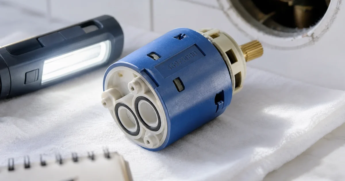 How to identify your Grohe shower valve: homeowner reading an 8-digit article number off a Grohe cartridge under a work light
