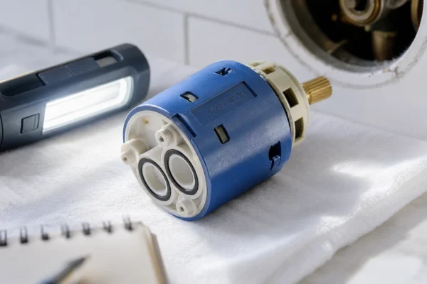 How to identify your Grohe shower valve: homeowner reading an 8-digit article number off a Grohe cartridge under a work light