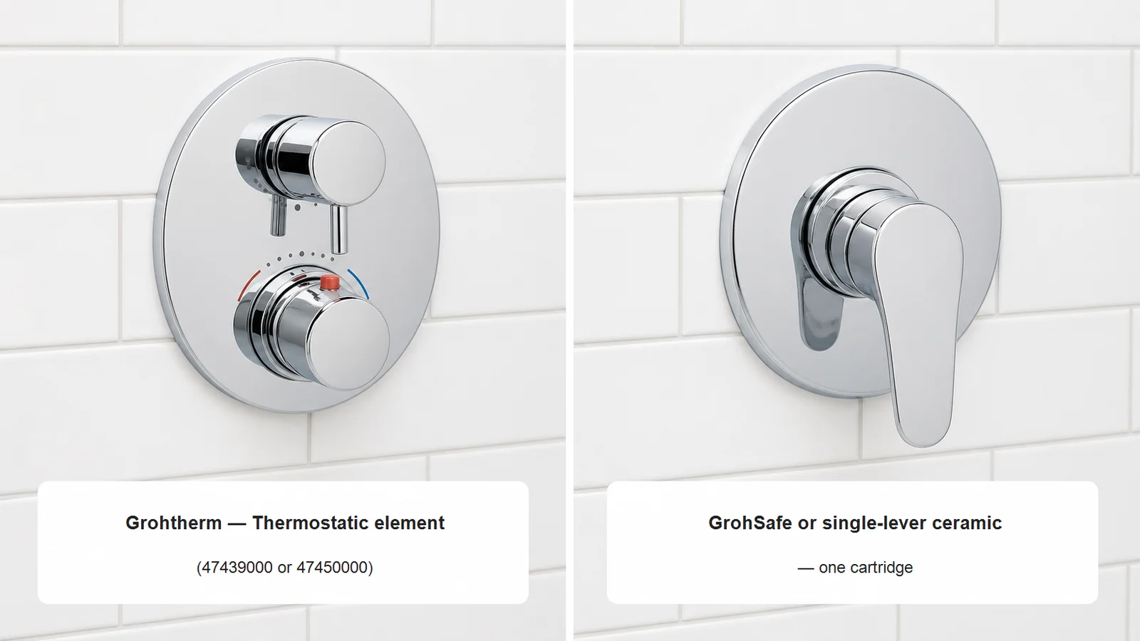 Side-by-side: Grohe Grohtherm thermostatic trim with separate temperature dial (left) vs Grohe single-lever trim without a separate dial (right)