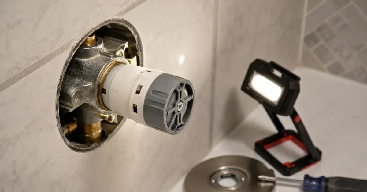 How to identify your Gerber shower valve: homeowner reading the gray cap on a Gerber Treysta cartridge under a work light