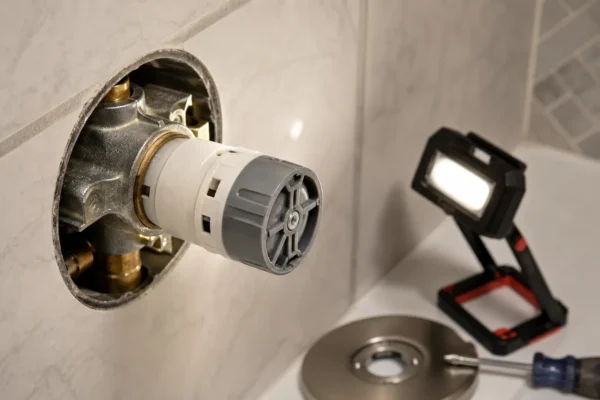 How to identify your Gerber shower valve: homeowner reading the gray cap on a Gerber Treysta cartridge under a work light