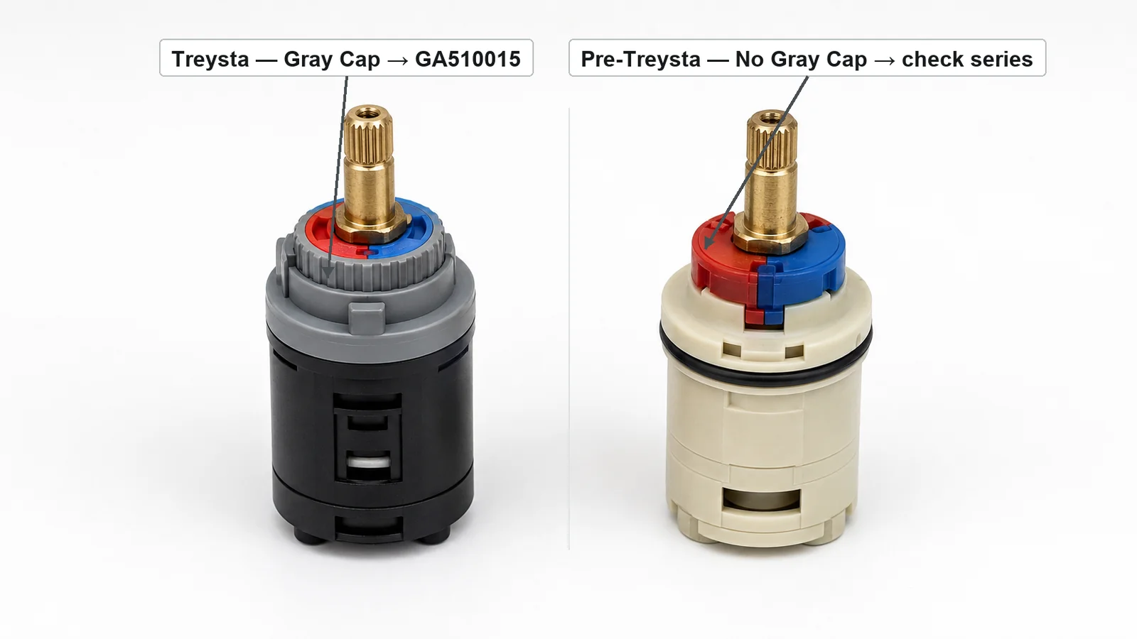 Gerber Treysta cartridge with gray cap (left) vs. older pre-Treysta Gerber ceramic cartridge without gray cap (right)