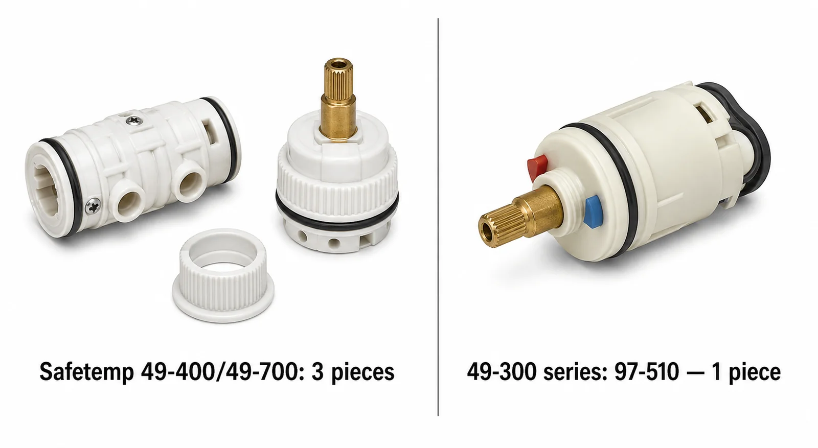 Gerber Safetemp three-piece assembly (left) for 49-400/700 valves vs. single-piece 97-510 ceramic cartridge (right) for 49-300 valves
