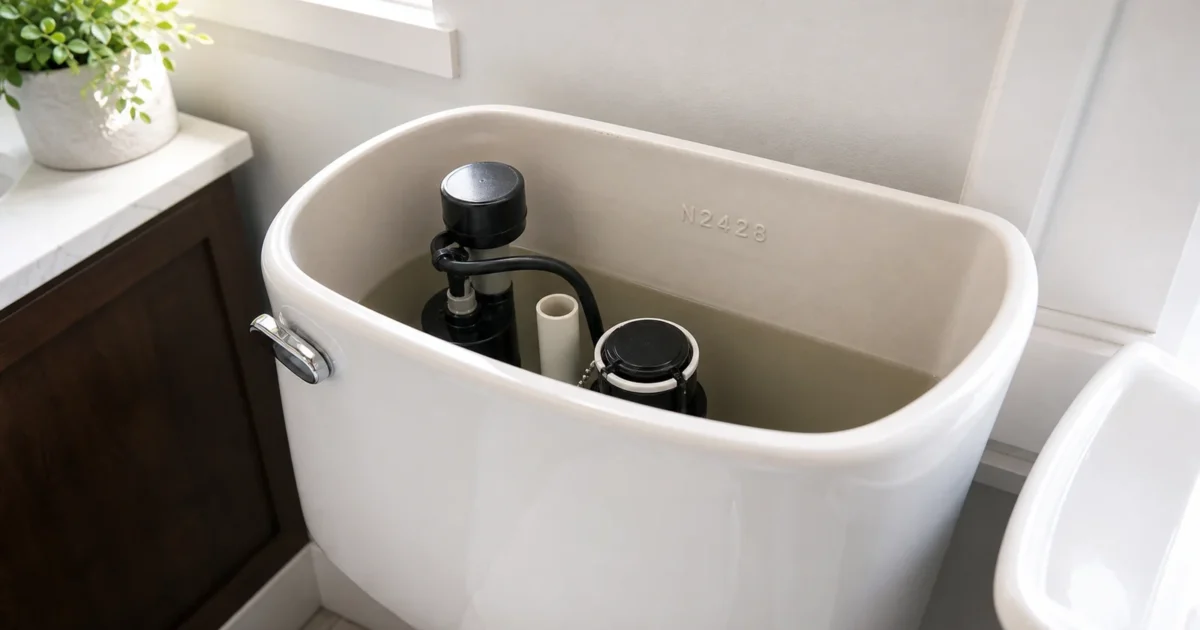 How to identify Glacier Bay toilet parts: homeowner reading the N-prefix model number molded inside a Glacier Bay toilet tank